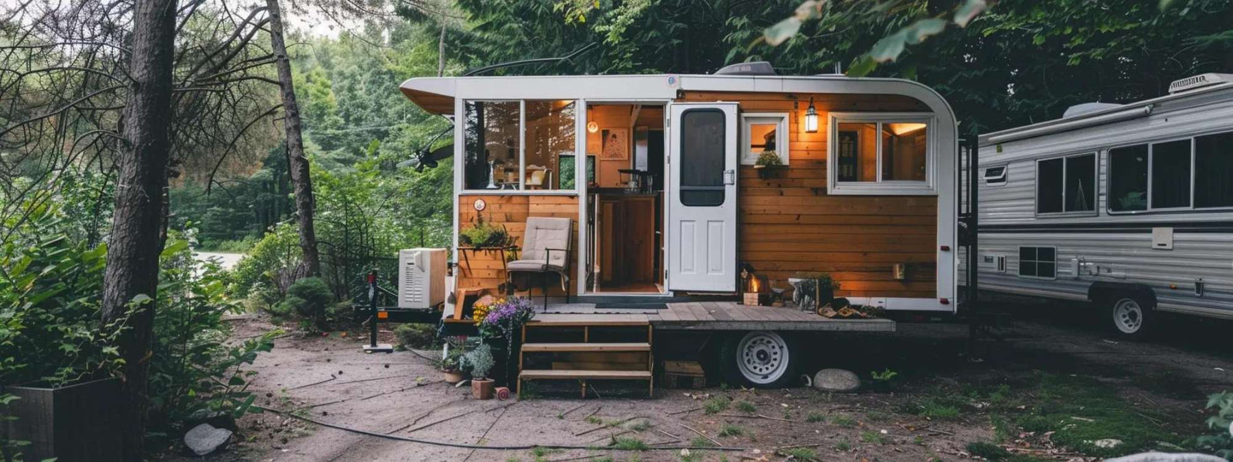 A tiny home on wheels parked beside an RV in a wooded campground, illustrating can tiny homes be parked in rv parks