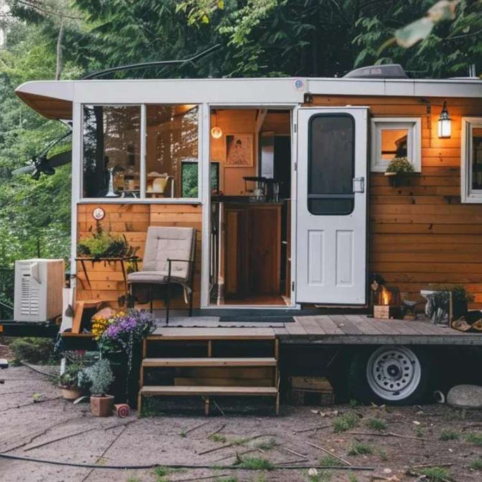 A tiny home on wheels parked beside an RV in a wooded campground, illustrating can tiny homes be parked in rv parks