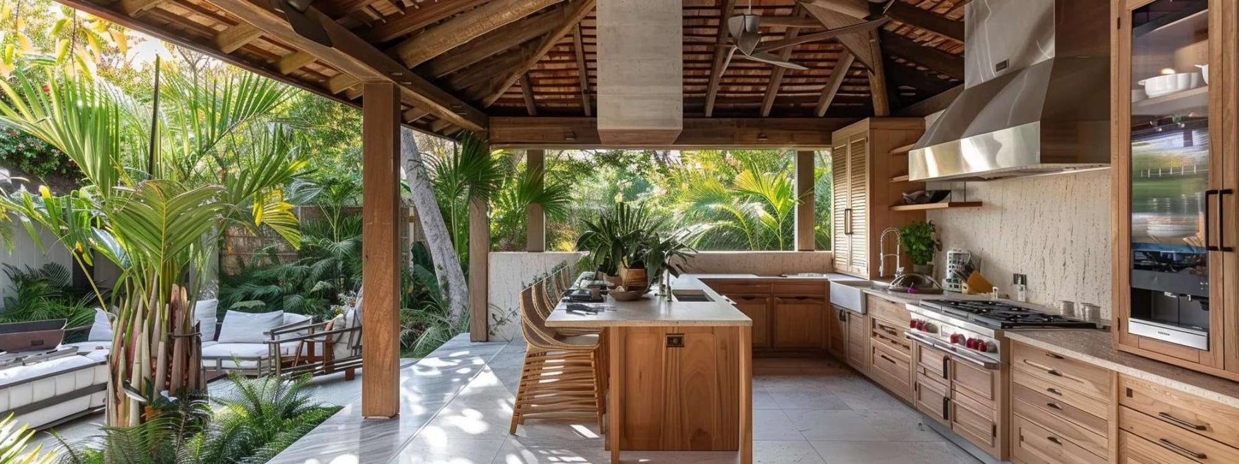 A tropical-style kitchen under a wooden roof showcases natural wood cabinetry and bar seating, ideal for those Designing Covered Outdoor Kitchen Structures in warm climates