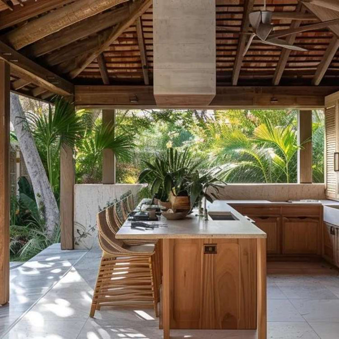 A tropical-style kitchen under a wooden roof showcases natural wood cabinetry and bar seating, ideal for those Designing Covered Outdoor Kitchen Structures in warm climates
