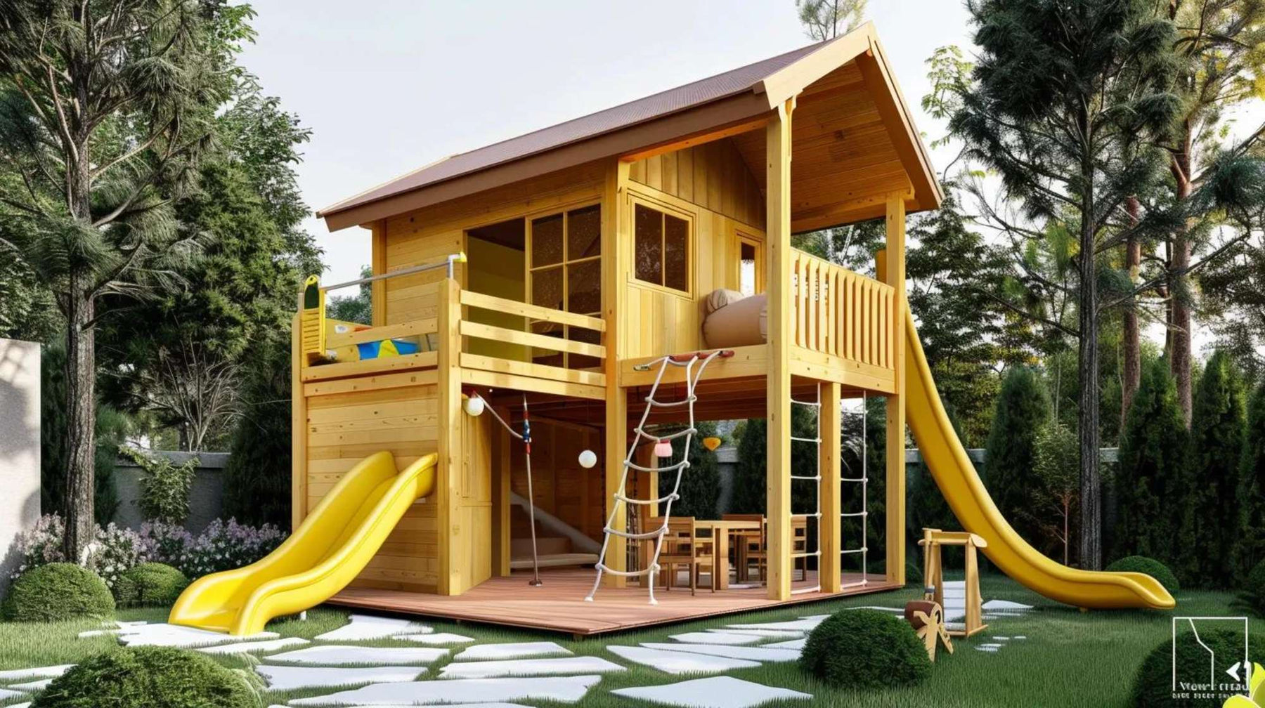 A two-story wooden playhouse with yellow slides and a climbing rope, surrounded by trees, showcasing Garden Houses for Kids built for outdoor fun