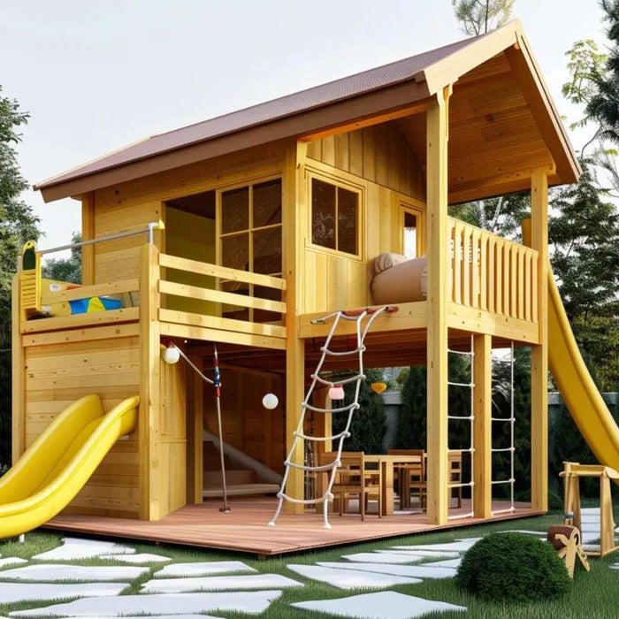 A two-story wooden playhouse with yellow slides and a climbing rope, surrounded by trees, showcasing Garden Houses for Kids built for outdoor fun
