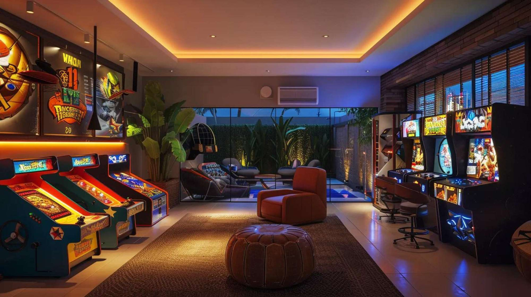 A vibrant arcade room with glowing machines and cozy seating shows How to Make a Game Room that’s stylish and fun