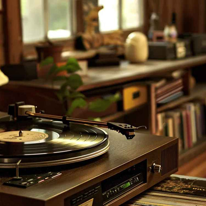 A vinyl record player sits on a wooden table near a warm lamp in a cozy room, highlighting the benefits of owning a vinyl record player for a relaxing ambiance