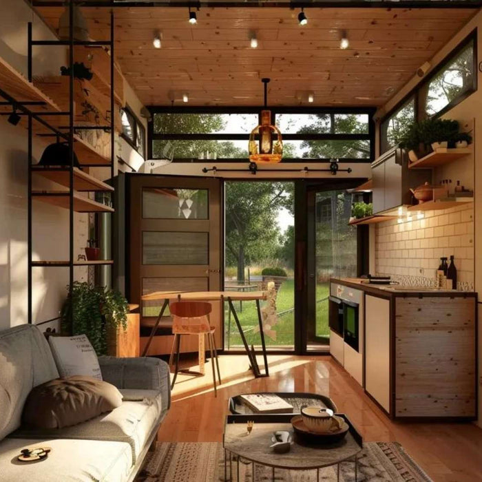 A warm modern tiny home interior with a sofa, small kitchen, wooden ceiling, large windows, and soft natural light, illustrating comfort while exploring the question are tiny homes safe