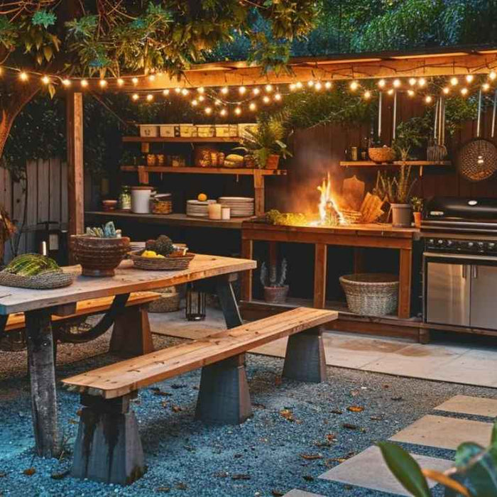A warm outdoor kitchen glows under string lights, showcasing the Must-Have Features in a Backyard Cooking Station Setup like a built-in grill, open shelves, and cozy wooden benches