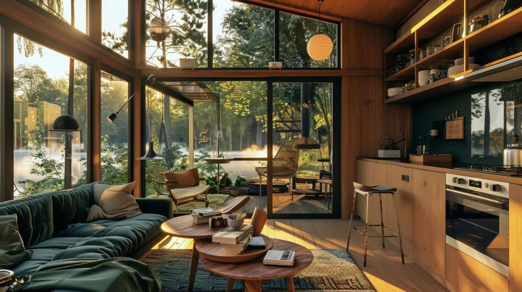 A warm, sunlit tiny home with wood interiors, large glass windows, and cozy furniture shows the peaceful lifestyle of people who lives in a tiny home enjoying nature up close
