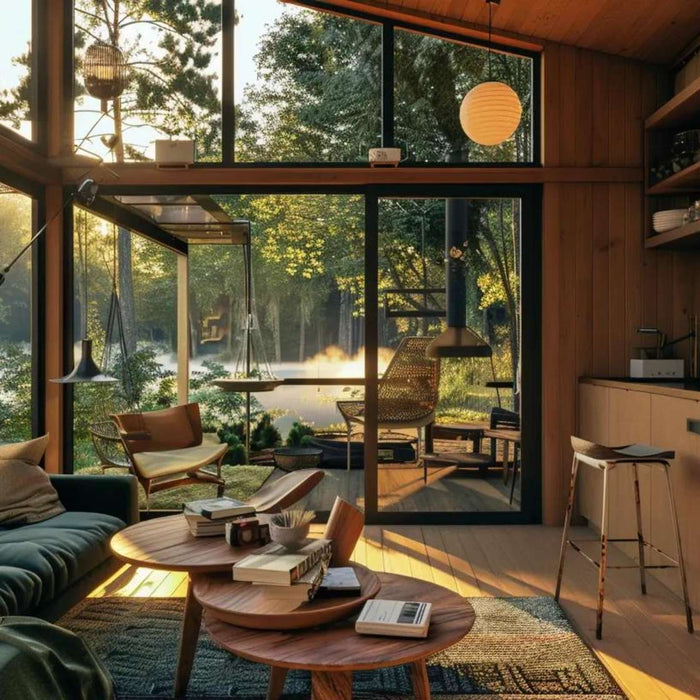 A warm, sunlit tiny home with wood interiors, large glass windows, and cozy furniture shows the peaceful lifestyle of people who lives in a tiny home enjoying nature up close
