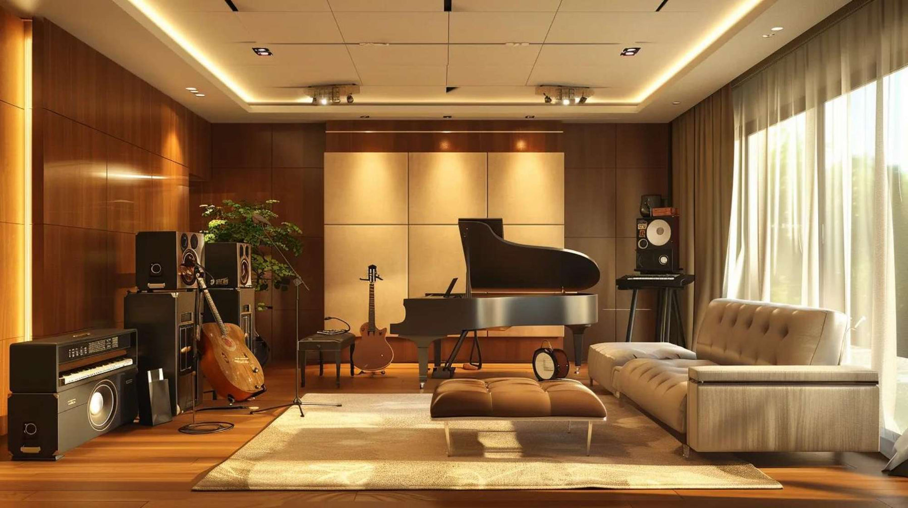 A warm, wood-paneled music studio filled with a grand piano, guitars, speakers, and soft seating, offering inspiration for outdoor music room ideas