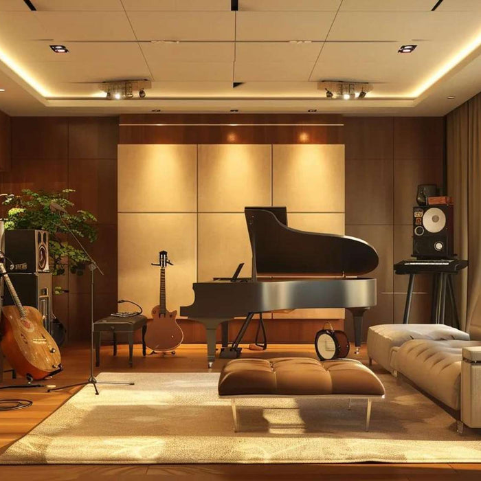 A warm, wood-paneled music studio filled with a grand piano, guitars, speakers, and soft seating, offering inspiration for outdoor music room ideas
