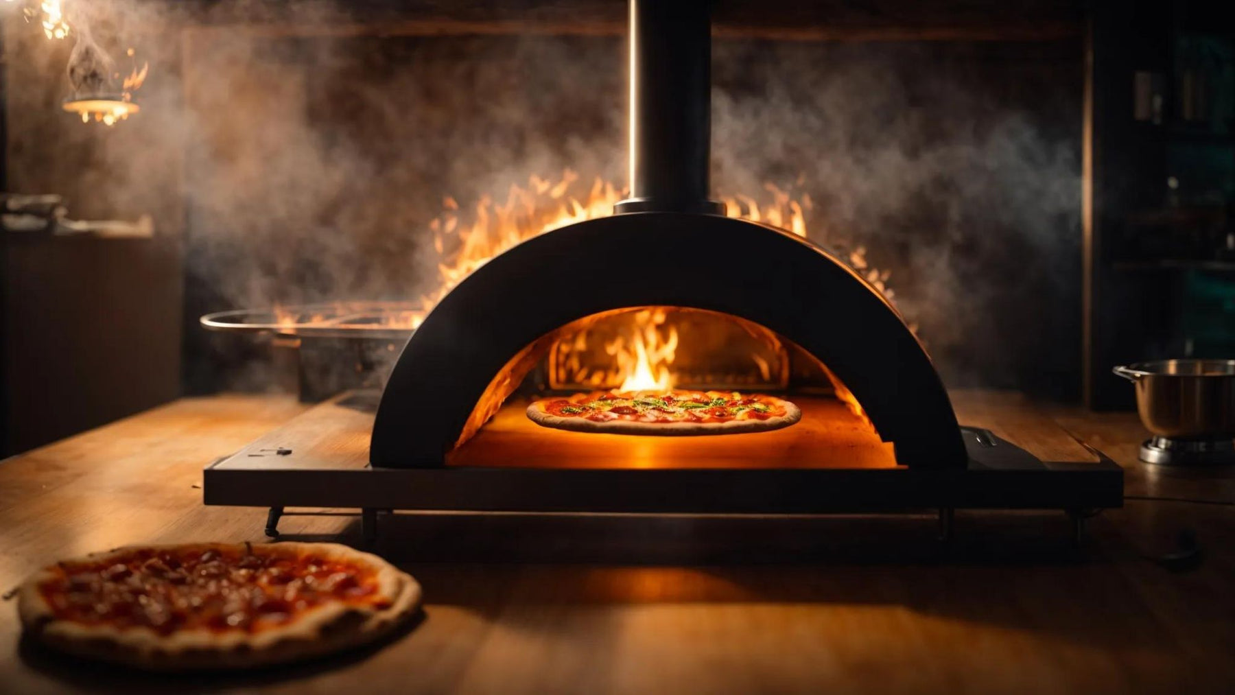 A wood-fired pizza oven glows with flames as a pizza bakes inside, with the Pizza Oven Thermometer Gun being crucial for precise heat checks