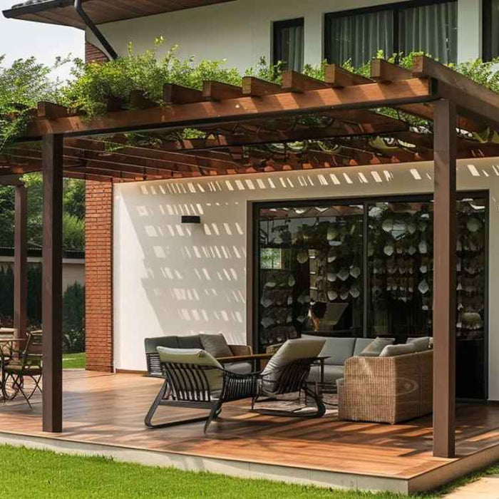 A wooden pergola extends from a modern house, showing how to build a pergola attached to the house with a shaded area for outdoor dining and seating