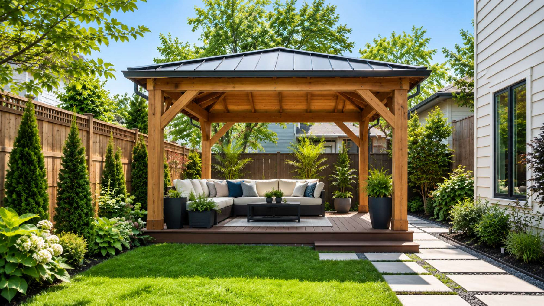 Add a pavilion to a small backyard with a modern wooden pavilion, comfortable outdoor seating, a green lawn, and landscaped garden beds in a compact backyard