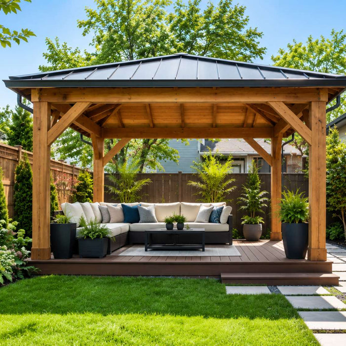 Add a pavilion to a small backyard with a modern wooden pavilion, comfortable outdoor seating, a green lawn, and landscaped garden beds in a compact backyard