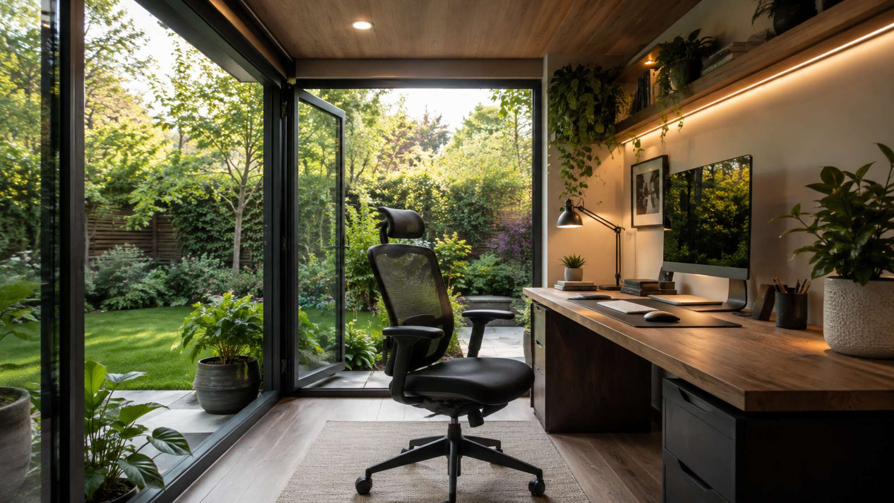 An ergonomic backyard office chair sits in front of a wooden workstation inside a bright garden office with large windows overlooking lush greenery