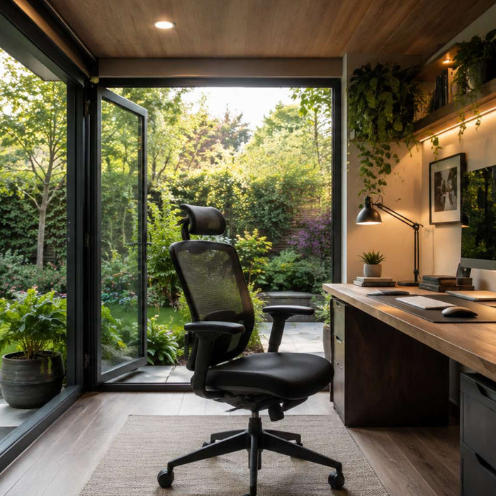 An ergonomic backyard office chair sits in front of a wooden workstation inside a bright garden office with large windows overlooking lush greenery