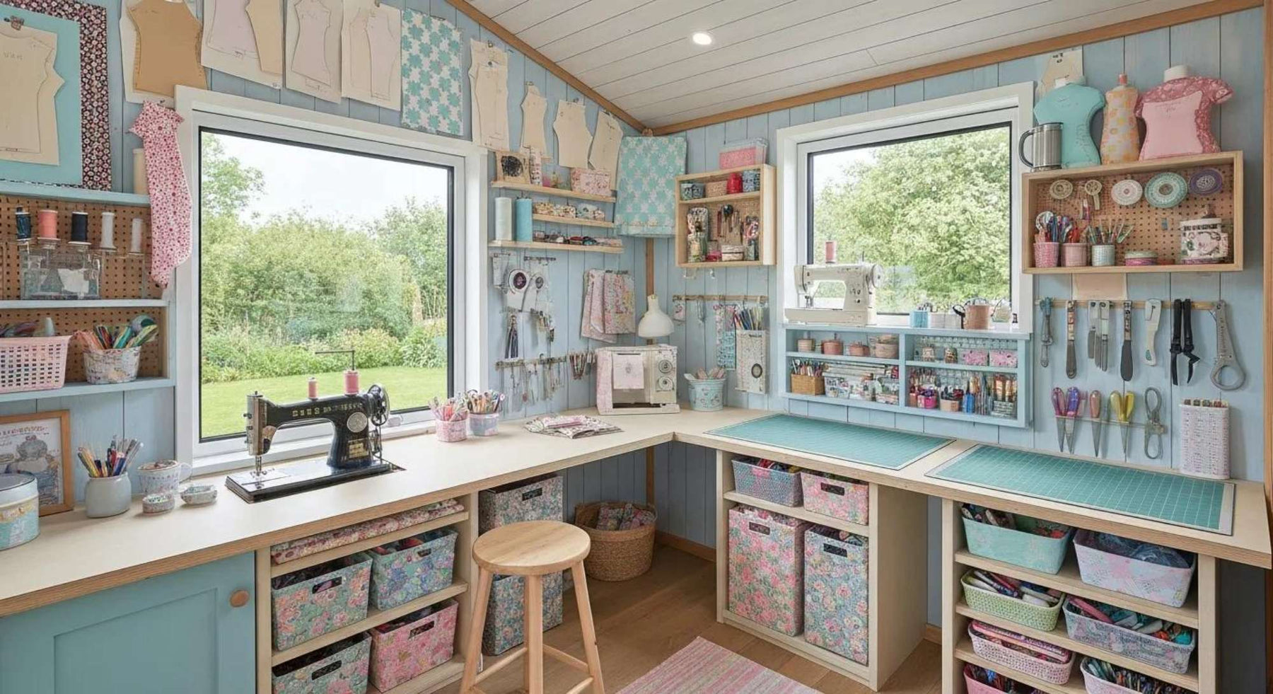 An organized she shed for sewing with cutting mats, hanging scissors, and colorful craft supplies displayed on shelves