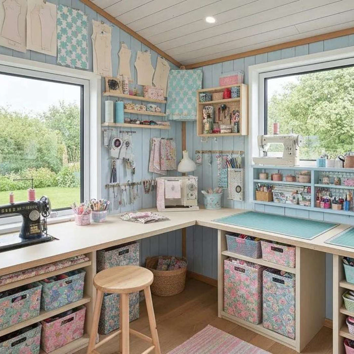 An organized she shed for sewing with cutting mats, hanging scissors, and colorful craft supplies displayed on shelves