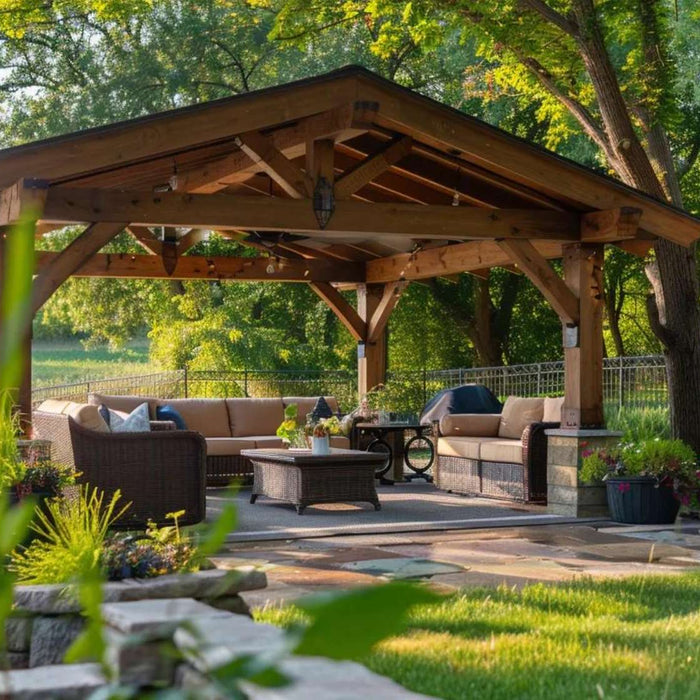 Backyard entertainment space with a wooden roof structure, cozy seating, and greenery to help homeowners design a pavilion that blends with nature
