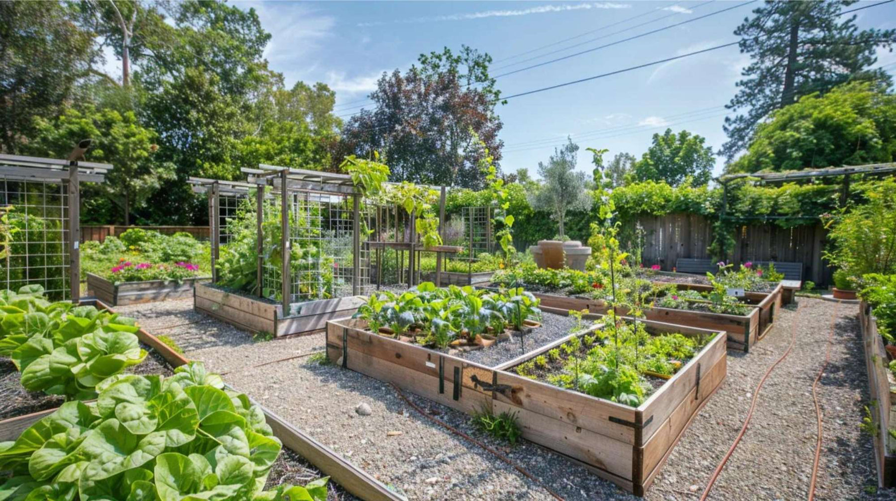 Backyard garden with raised beds and trellis frames using a raised garden bed climbing support for vertical plant growth