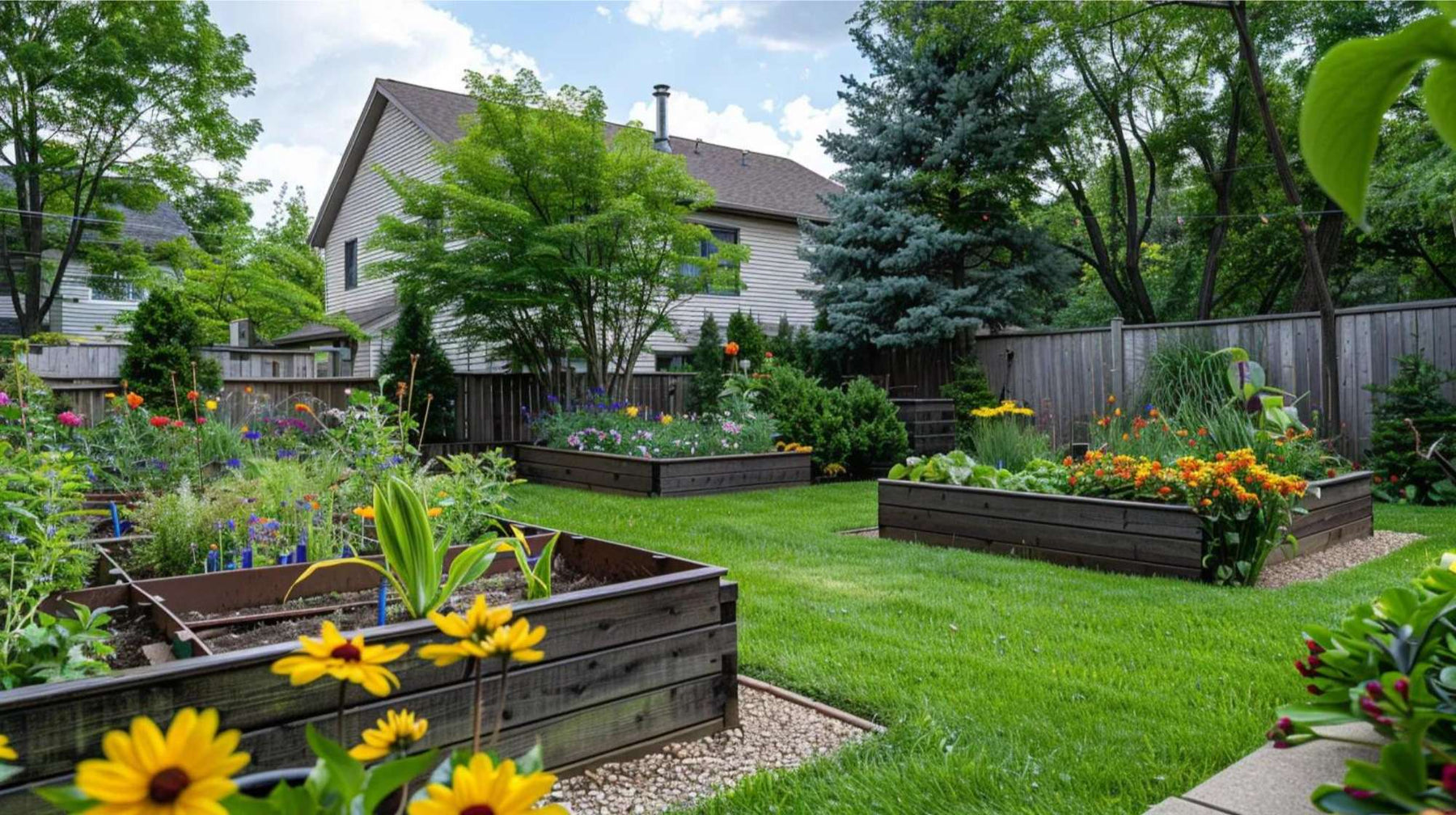 Backyard garden with several raised beds filled with colorful spring flowers USA varieties, surrounded by green grass, trees, and a wooden fence near a suburban home