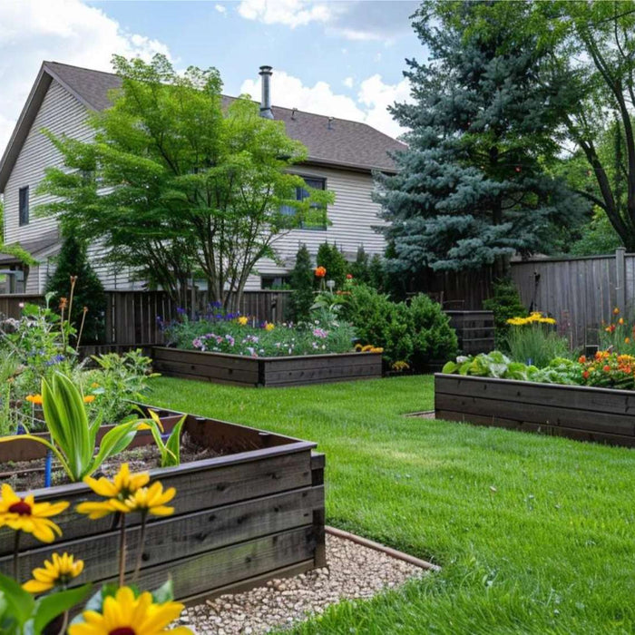 Backyard garden with several raised beds filled with colorful spring flowers USA varieties, surrounded by green grass, trees, and a wooden fence near a suburban home