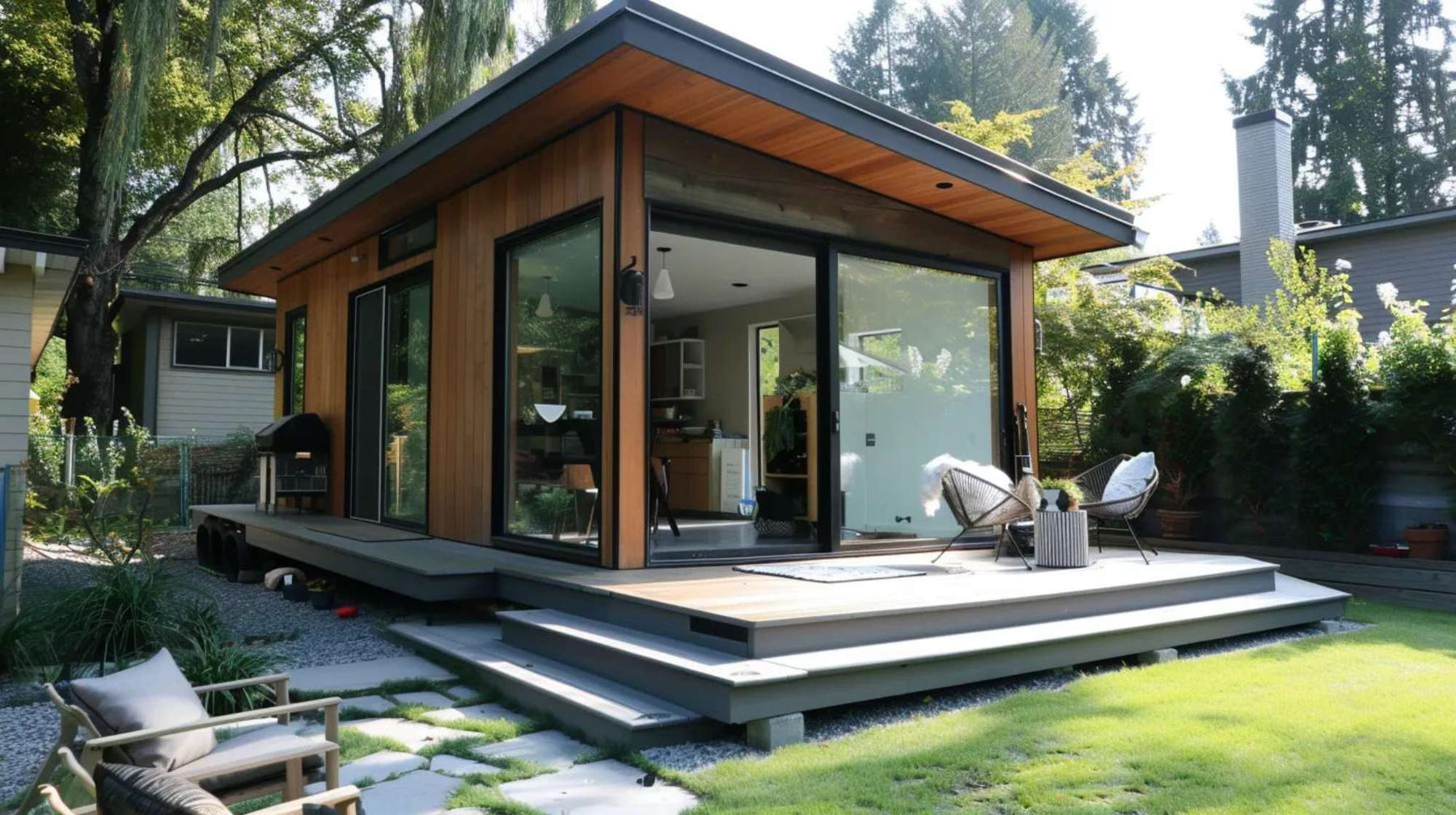 Backyard language school in a modern wooden garden studio with large glass doors and a small deck in a green yard