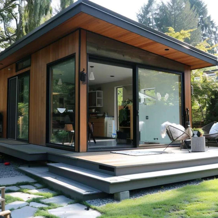 Backyard language school in a modern wooden garden studio with large glass doors and a small deck in a green yard