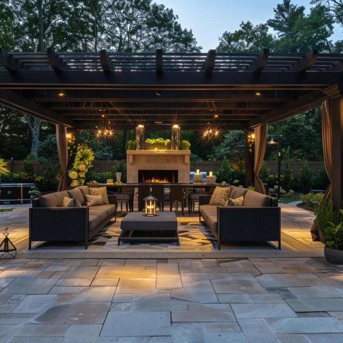 Backyard lounge with a dark wood pergola, cozy seating, fireplace, and lighting, highlighting luxury pergolas in dallas, tx