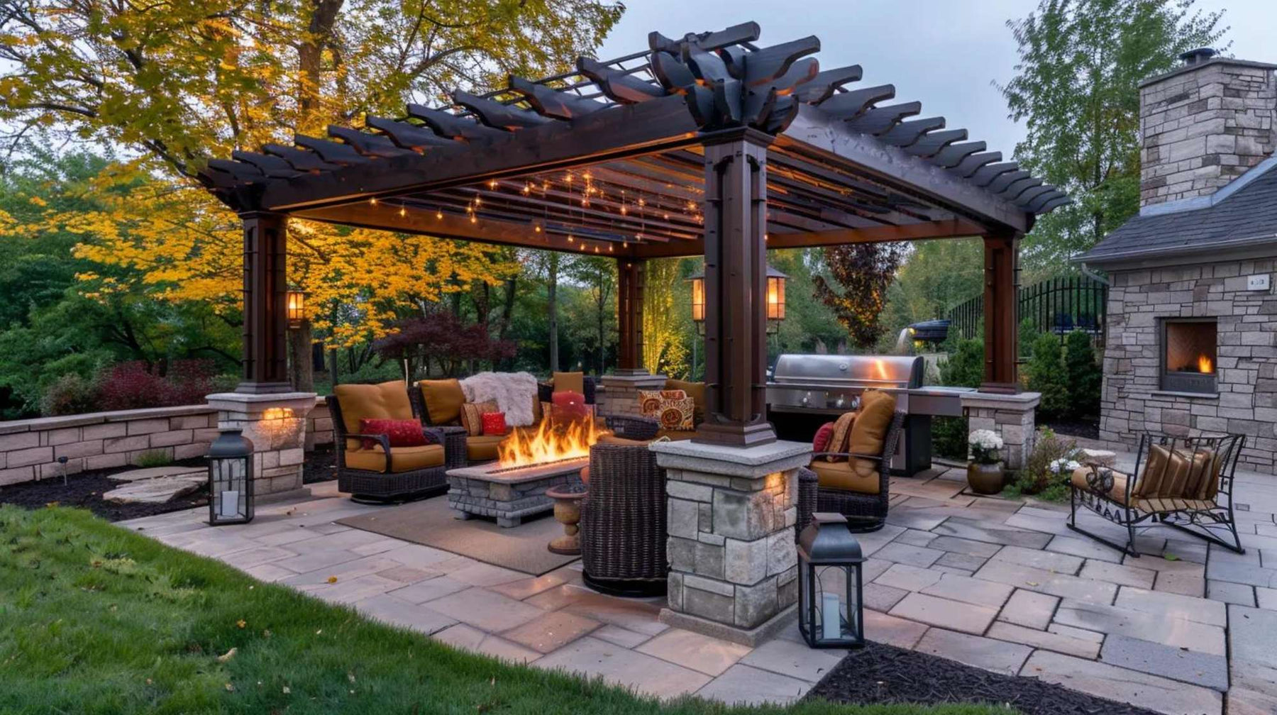 Backyard pergola with wicker seating, stone fire pit, string lights, and outdoor kitchen, highlighting outdoor furniture trends focused on cozy, structured outdoor living