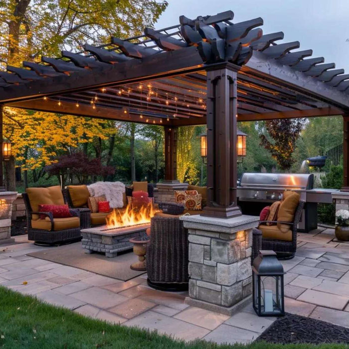 Backyard pergola with wicker seating, stone fire pit, string lights, and outdoor kitchen, highlighting outdoor furniture trends focused on cozy, structured outdoor living