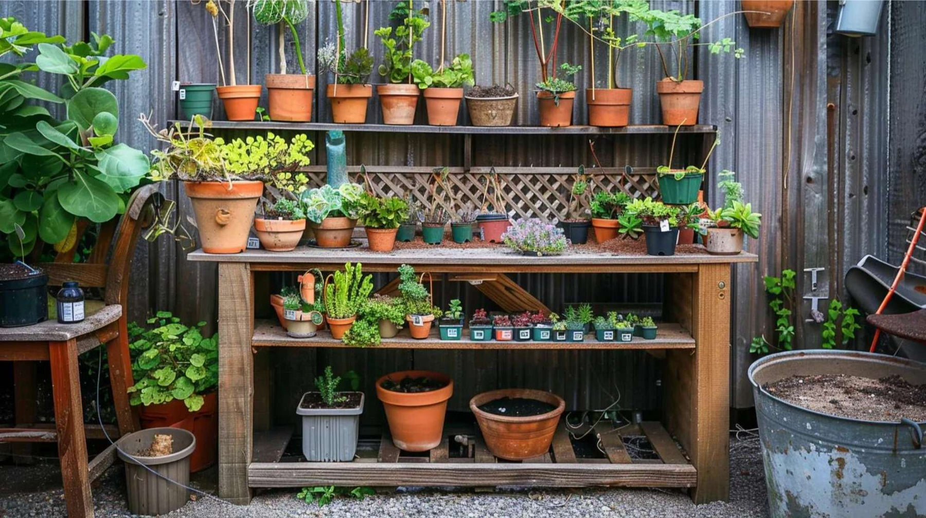Backyard plant shelf with potted herbs and seedlings, ideal setup to sell seedlings from home