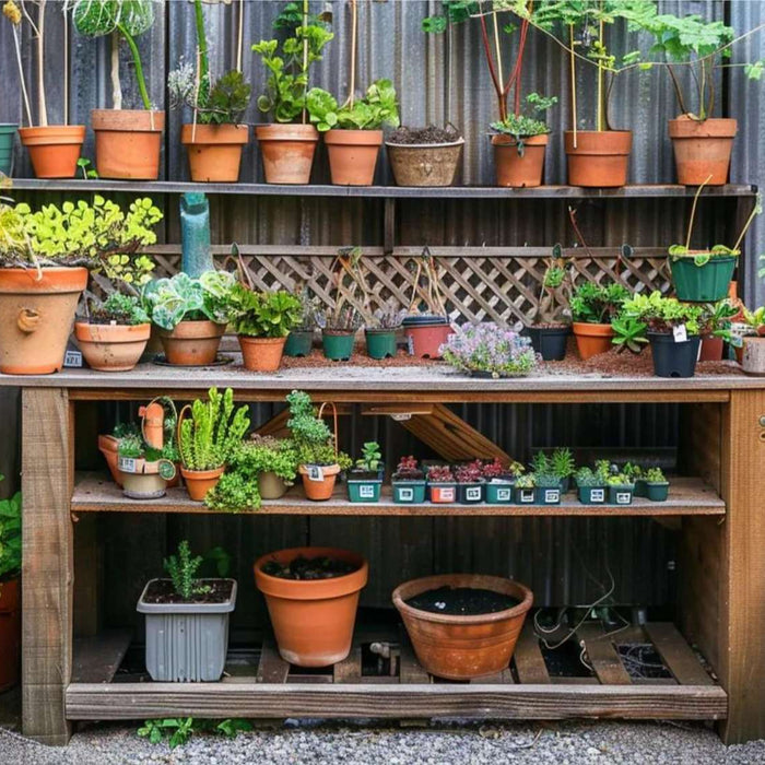 Backyard plant shelf with potted herbs and seedlings, ideal setup to sell seedlings from home