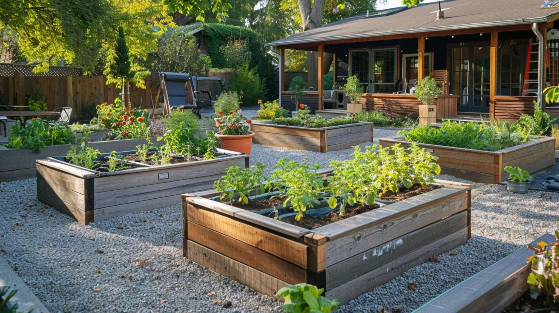 Backyard raised beds with herbs and plants arranged neatly, supporting higher tea garden income