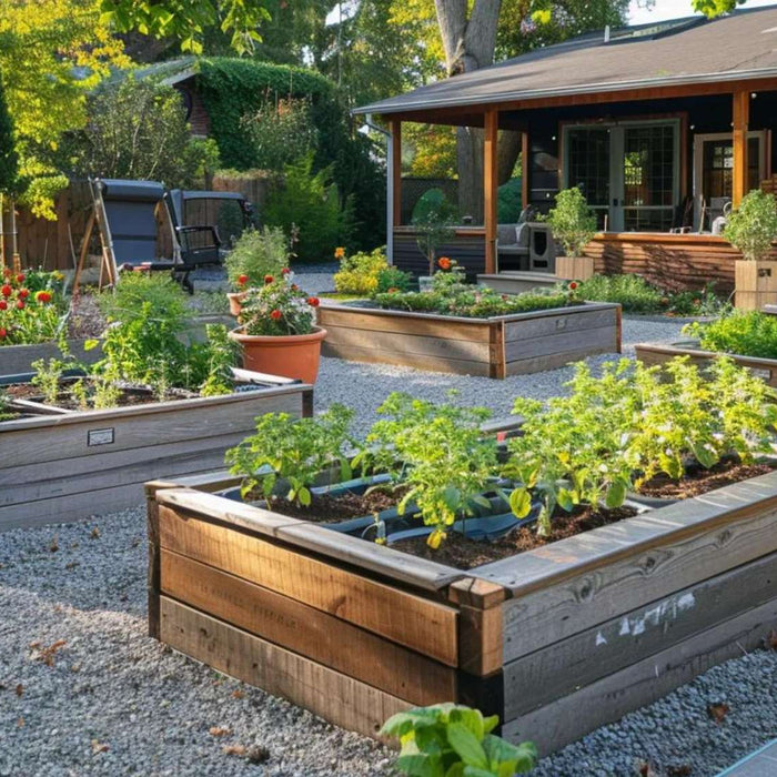 Backyard raised beds with herbs and plants arranged neatly, supporting higher tea garden income