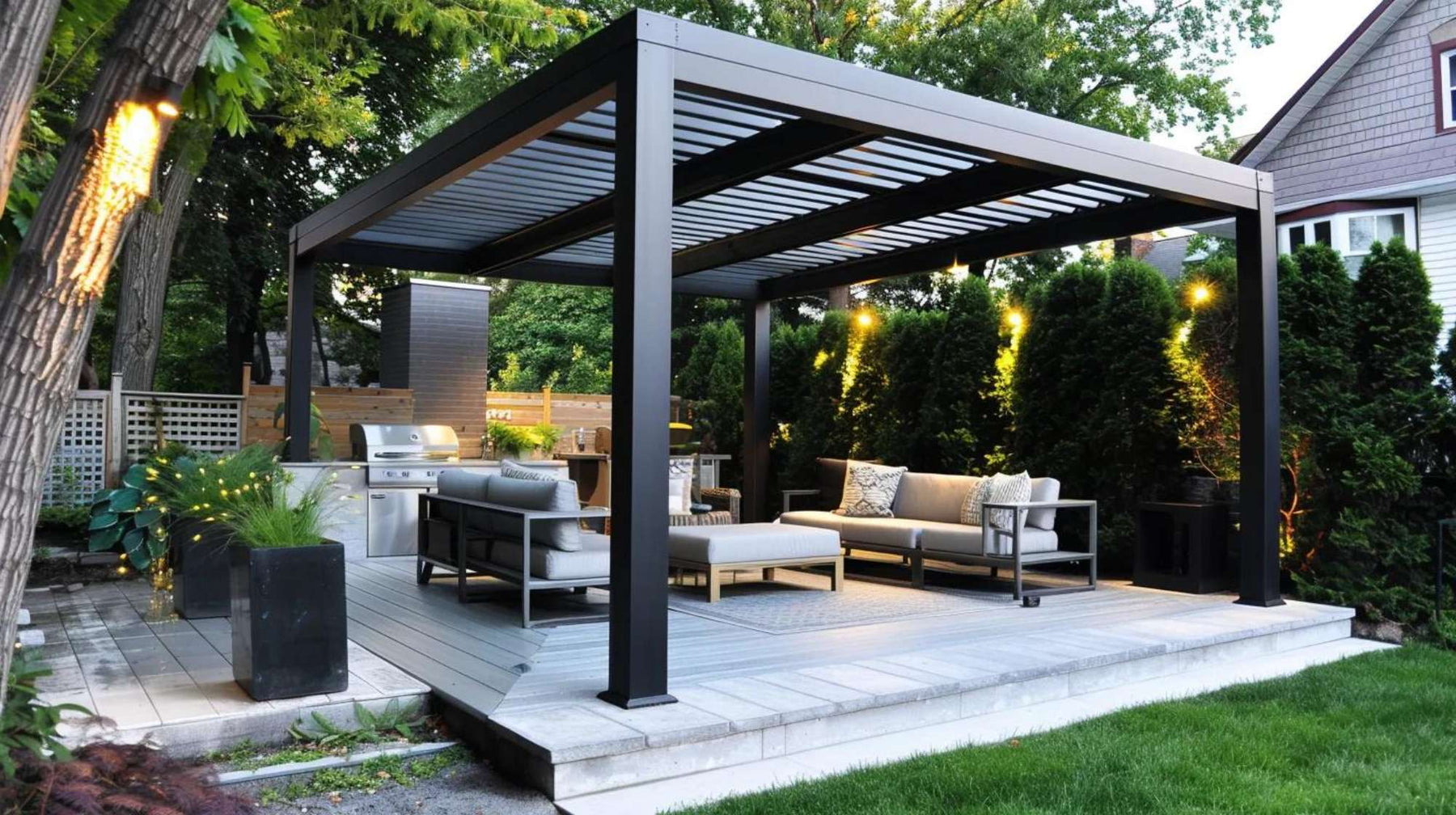 Backyard setup with a sturdy aluminum pergola above a lounge area and kitchen, demonstrating how to install an aluminum pergola step by step