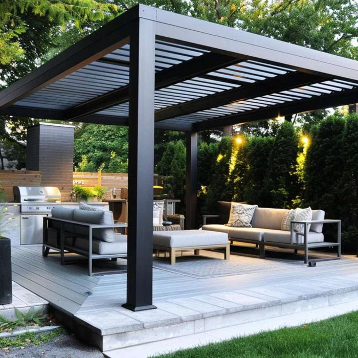 Backyard setup with a sturdy aluminum pergola above a lounge area and kitchen, demonstrating how to install an aluminum pergola step by step
