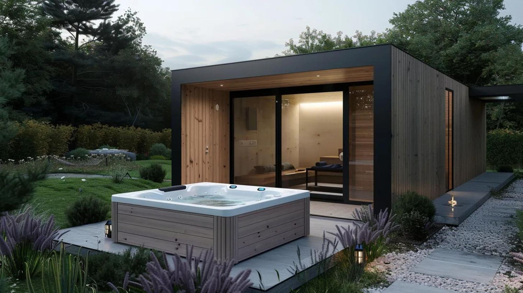 Backyard spa shed rental with a modern garden room, hot tub, landscaping, and soft outdoor lighting