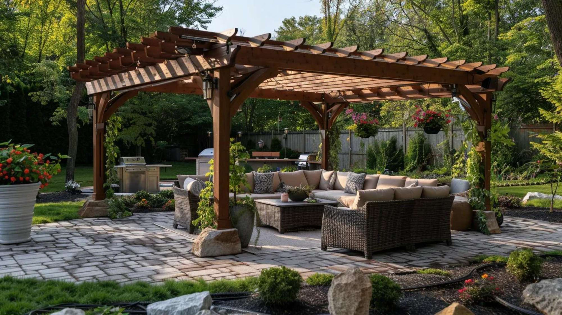 Backyard wooden pergola with outdoor seating, representing the common homeowner question do I need a permit for a pergola before building