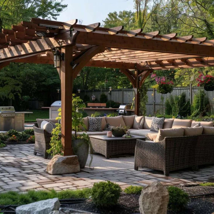 Backyard wooden pergola with outdoor seating, representing the common homeowner question do I need a permit for a pergola before building