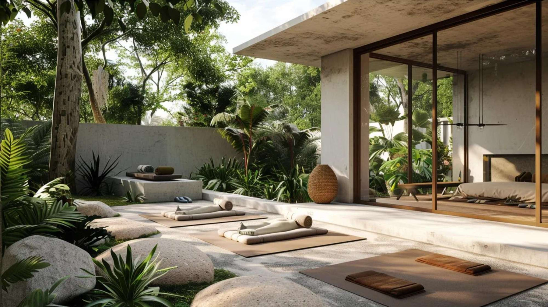 Backyard yoga setup with mats and greenery designed for outdoor yoga class income