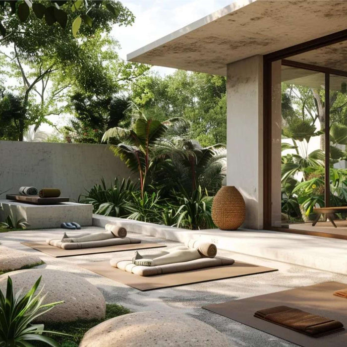 Backyard yoga setup with mats and greenery designed for outdoor yoga class income