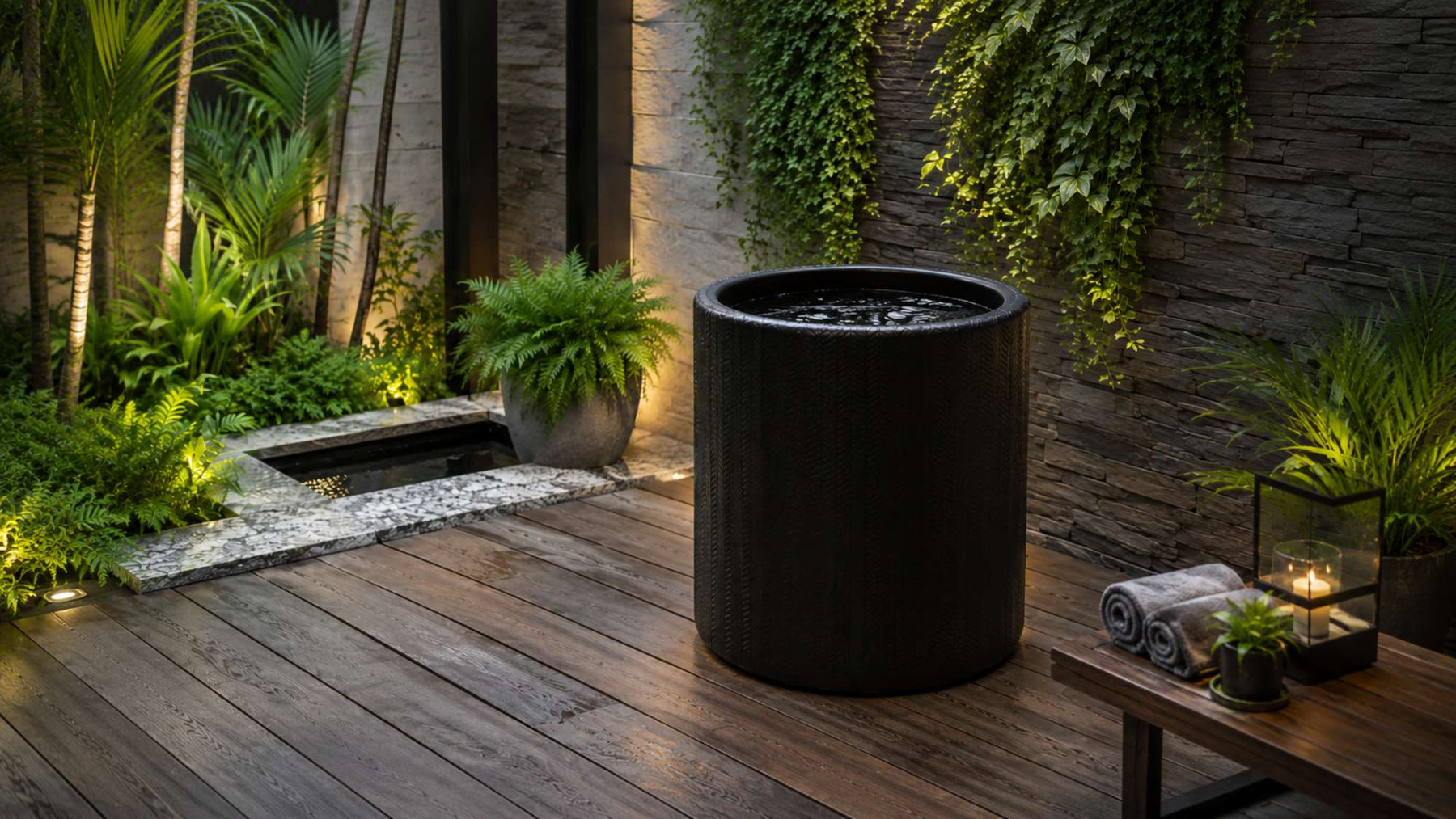 Black cold plunge barrel sits on a wooden deck in a lush outdoor wellness space with stone walls, greenery, towels, and warm accent lighting