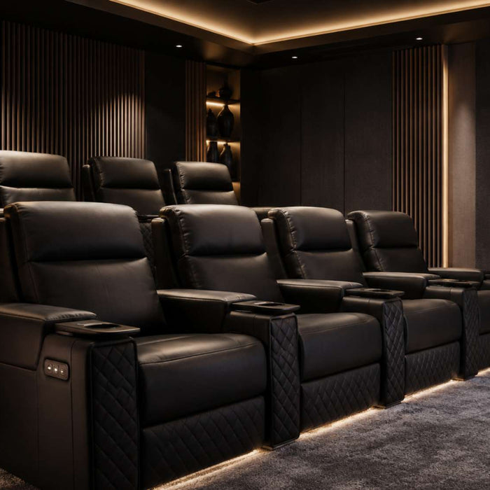 Black leather home theater seating arranged in two tiered rows inside a dark cinema room with warm accent lighting and gray carpet
