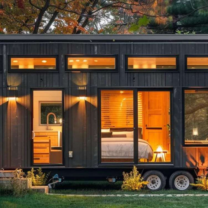 Black tiny house on wheels with large windows and warm lighting, perfect for owners who want to automate Airbnb for tiny home rentals