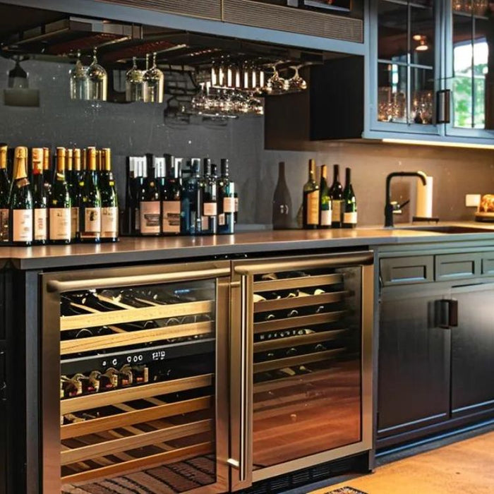 Bottles of wine arranged on a countertop above integrated storage units, showcasing how a wine cooler vs wine fridge can fit into a stylish home bar design