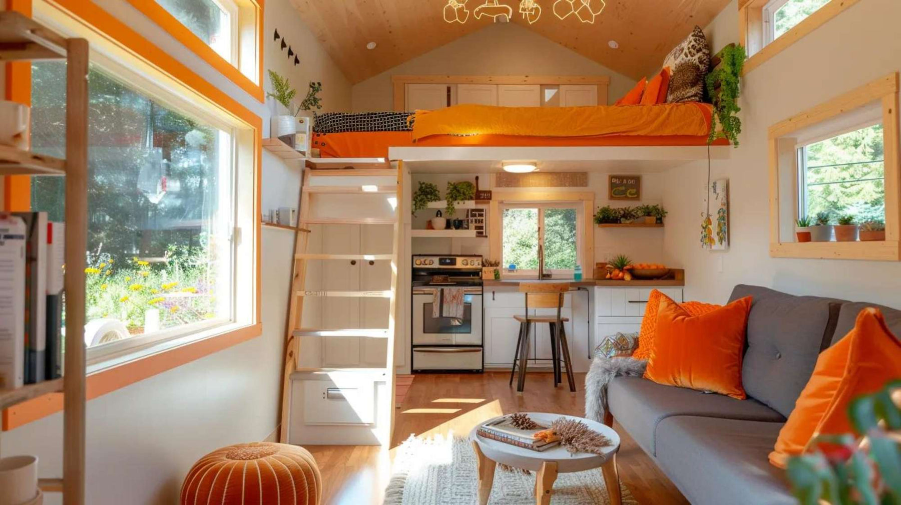 Bright and compact tiny home student rental with a loft bed, small kitchen, and cozy living area featuring orange accents and natural light from large windows