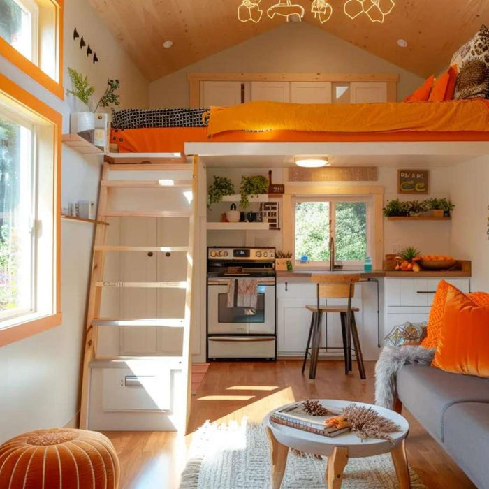 Bright and compact tiny home student rental with a loft bed, small kitchen, and cozy living area featuring orange accents and natural light from large windows