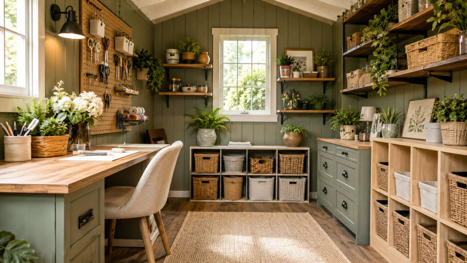 Bright and organized garden room with shelves, baskets, cabinets, and a desk showing practical ways to organize she sheds for better storage