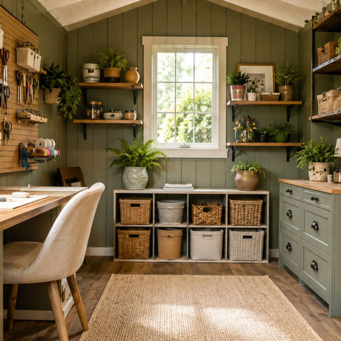 Bright and organized garden room with shelves, baskets, cabinets, and a desk showing practical ways to organize she sheds for better storage